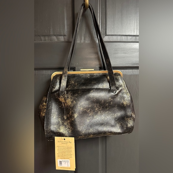 NWT Patricia Nash Distressed Black & Gold Lamé Finish Dual Strap Leather Satchel - Picture 2 of 16